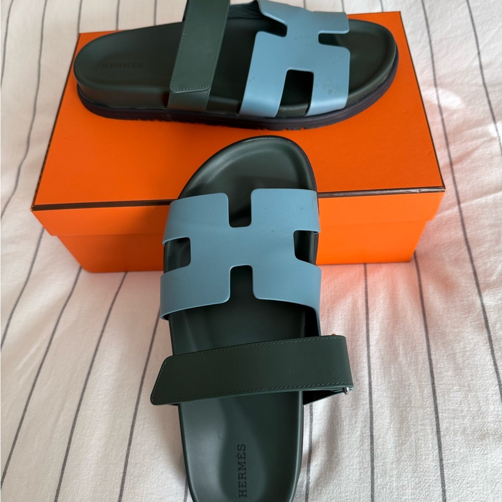 Hermes Leather Slide Sandals Blue and Dark Green SZ 40.5 only. duster